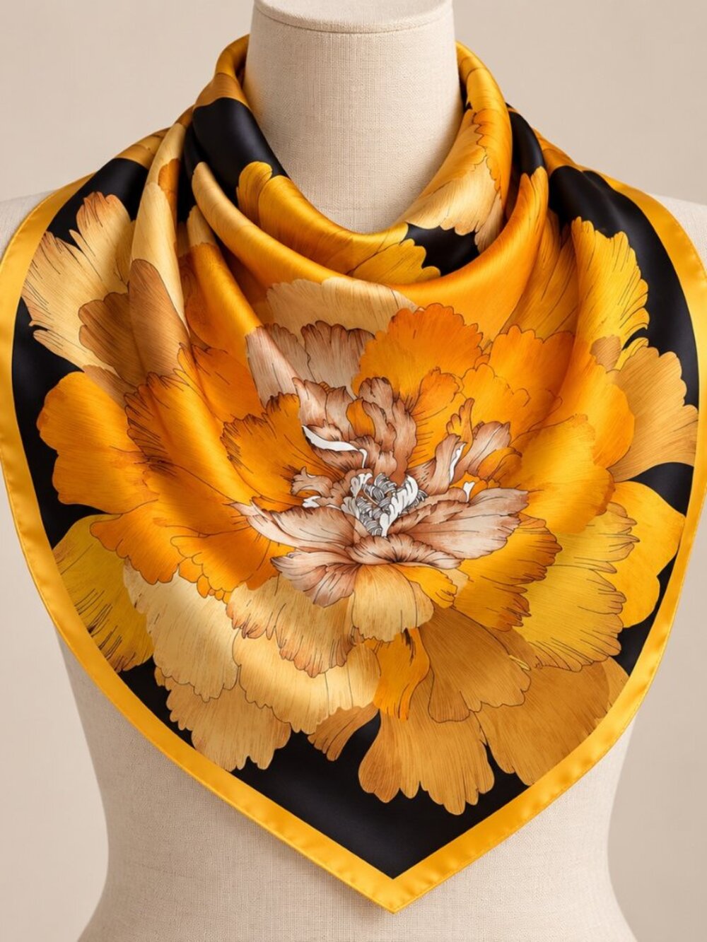 Black Gold Floral Square Scarf Oversized Peony Print Satin Feel